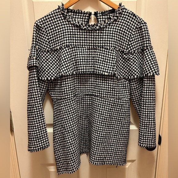 Zara Tops - Zara Navy & Cream Fringed Houndstooth Pullover Knitted Shirt Sz L NWT!